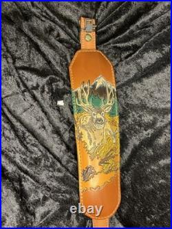 Tooled Leather Rifle Sling Padded with Deer and Mountain Scene Adjustable Strap Tooled Leather Rifle Sling Padded with Deer and Mountain Scene Adjustable Strap