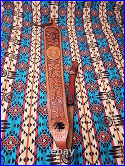 Tooled Stitched Lion Oak Leaf Big Game Leather Thumbhole Rifle Sling Africa Hunt