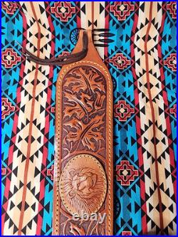 Tooled Stitched Lion Oak Leaf Big Game Leather Thumbhole Rifle Sling Africa Hunt
