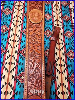 Tooled Stitched Lion Oak Leaf Big Game Leather Thumbhole Rifle Sling Africa Hunt