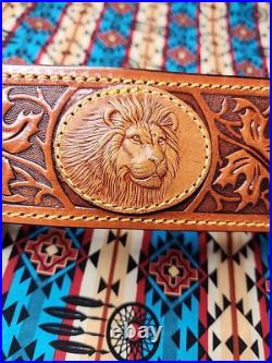 Tooled Stitched Lion Oak Leaf Big Game Leather Thumbhole Rifle Sling Africa Hunt