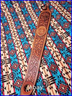 Tooled Stitched Lion Oak Leaf Big Game Leather Thumbhole Rifle Sling Africa Hunt