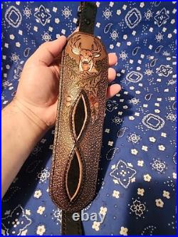 Tooled Whitetail Buck Acorn Diamond Leather Padded Rifle Sling With Swivels