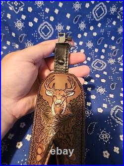 Tooled Whitetail Buck Acorn Diamond Leather Padded Rifle Sling With Swivels