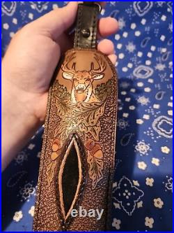 Tooled Whitetail Buck Acorn Diamond Leather Padded Rifle Sling With Swivels