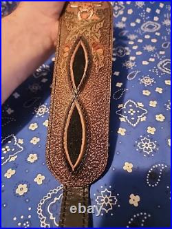 Tooled Whitetail Buck Acorn Diamond Leather Padded Rifle Sling With Swivels