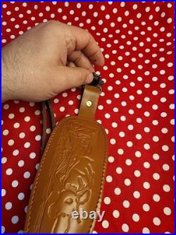 Tooled Whitetail Buck Stitched Leather Padded Rifle Sling With Swivels