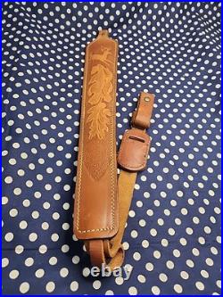 Tooled Whitetail Oak Leaf Acorn White Stitched Thumbhole Leather Rifle Sling