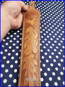 Tooled Whitetail Oak Leaf Acorn White Stitched Thumbhole Leather Rifle Sling