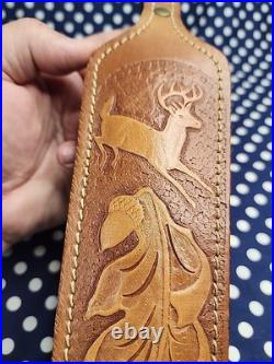 Tooled Whitetail Oak Leaf Acorn White Stitched Thumbhole Leather Rifle Sling
