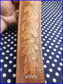 Tooled Whitetail Oak Leaf Acorn White Stitched Thumbhole Leather Rifle Sling