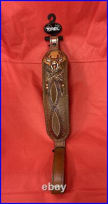 Torel Brown Leather Rifle Sling 1 Inch Padded Embossed Deer Scene New