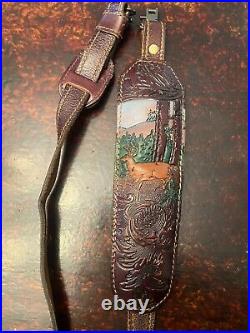Torel Leather Rifle Sling Vintage Deer Stag Padded Embossed 4850 With Swivels #956