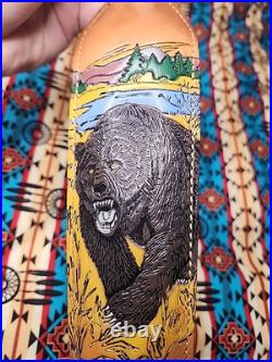 Torel Tooled Stitched Bear Mount Scene Leather Padded Rifle Sling Suede Backed