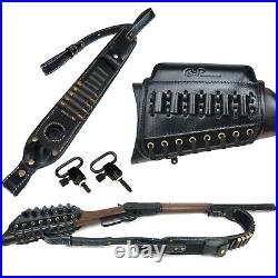 USA 1 Set Black Leather Rifle Cheek Riser Pad + Gun Shoulder Sling +Swivels