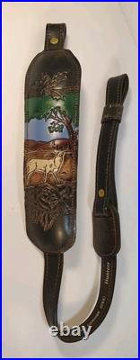 VTG Hunters Stitched Tooled Leather White Tail Buck Suede Padded Rifle Sling VTG Hunters Stitched Tooled Leather White Tail Buck Suede Padded Rifle Sling
