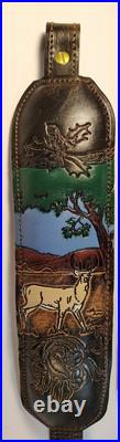 VTG Hunters Stitched Tooled Leather White Tail Buck Suede Padded Rifle Sling VTG Hunters Stitched Tooled Leather White Tail Buck Suede Padded Rifle Sling
