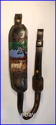 VTG Hunters Stitched Tooled Leather White Tail Buck Suede Padded Rifle Sling VTG Hunters Stitched Tooled Leather White Tail Buck Suede Padded Rifle Sling