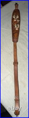 VTG TOREL STITCHED TOOLED WHITETAIL DEER BUCK LEATHER RIFLE SLING WithSWIVELS 4759