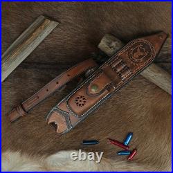 Vintage Leather Rifle Sling Gun Ammo Carry Strap withFolding Knife Sheath-TOURBON