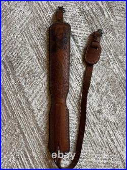 Vintage Tooled Leather Padded Rifle Sling Hunter 27-25 Deer Acorn QD Swivels Vintage Tooled Leather Padded Rifle Sling Hunter 27-25 Deer Acorn QD Swivels