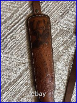 Vintage Tooled Leather Padded Rifle Sling Hunter 27-25 Deer Acorn QD Swivels Vintage Tooled Leather Padded Rifle Sling Hunter 27-25 Deer Acorn QD Swivels