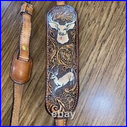 Vintage Tooled Leather Rifle Sling Padded with Deer Scene Adjustable Strap
