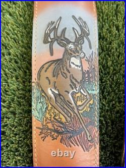 Vintage Tooled Leather Rifle Sling Padded with Handcrafted Deer Scene