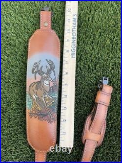 Vintage Tooled Leather Rifle Sling Padded with Handcrafted Deer Scene