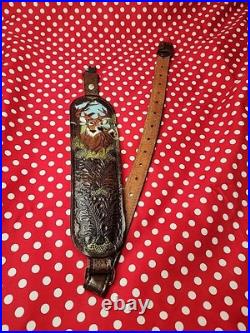Vintage Tooled Stitched Leather Whitetail Acorn Suede Backed Rifle Sling Swivels