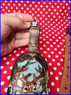 Vintage Tooled Stitched Leather Whitetail Acorn Suede Backed Rifle Sling Swivels