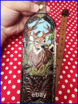 Vintage Tooled Stitched Leather Whitetail Acorn Suede Backed Rifle Sling Swivels