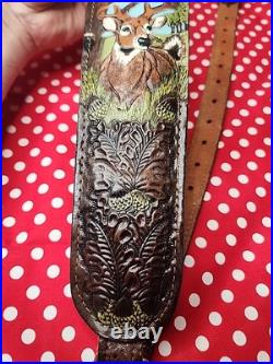 Vintage Tooled Stitched Leather Whitetail Acorn Suede Backed Rifle Sling Swivels