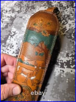 Vintage Tooled Whitetail Acorn Stitched Padded Suede Backed Leather Rifle Sling