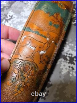 Vintage Tooled Whitetail Acorn Stitched Padded Suede Backed Leather Rifle Sling
