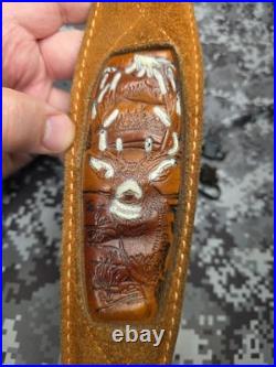 Vintage Torel Suede White Stitched Tooled Whitetail Padded Leather Rifle Sling