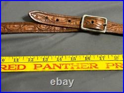 Vintage hand tooled LEATHER Rifle Sling 7220W + Swivel MARKED BUT CANNOT READ Vintage hand tooled LEATHER Rifle Sling 7220W + Swivel MARKED BUT CANNOT READ
