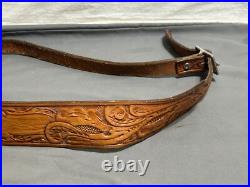Vintage hand tooled LEATHER Rifle Sling 7220W + Swivel MARKED BUT CANNOT READ Vintage hand tooled LEATHER Rifle Sling 7220W + Swivel MARKED BUT CANNOT READ