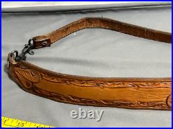 Vintage hand tooled LEATHER Rifle Sling 7220W + Swivel MARKED BUT CANNOT READ Vintage hand tooled LEATHER Rifle Sling 7220W + Swivel MARKED BUT CANNOT READ