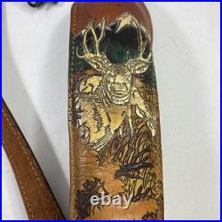 Vtg Padded Leather Rifle Sling Elk and Mountain Scene Adjustable Strap