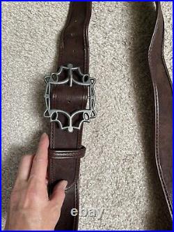 Vtg leather Long Gun Sling Brown Heavy Duty Riveted Together SilverTone Buckle