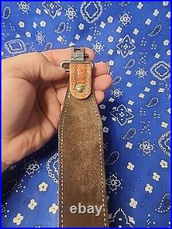 White Stitched Tooled Leather Rifle Sling Suede Backed Sling With Talon Swivels